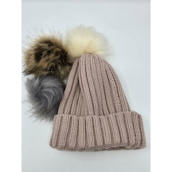 SNAP ON  POM POM RIBBED CUFFED DUSTY ROSE BEANIE CREAM GREY BROWN POMS WOMEN OS - Picture 1 of 12